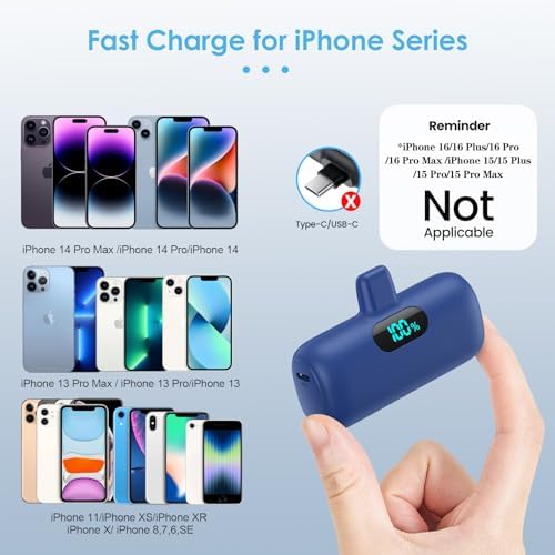 Mini Portable Charger for iPhone,Upgraded 5000mAh PD Fast Charging Battery Pack,LCD Display Cute Power Bank Portable Phone Charger for iPhone 14/14 Pro Max/13/13 Pro/12 Pro/11/XS/XR/X/8/7/6-Deep Blue - Image 2