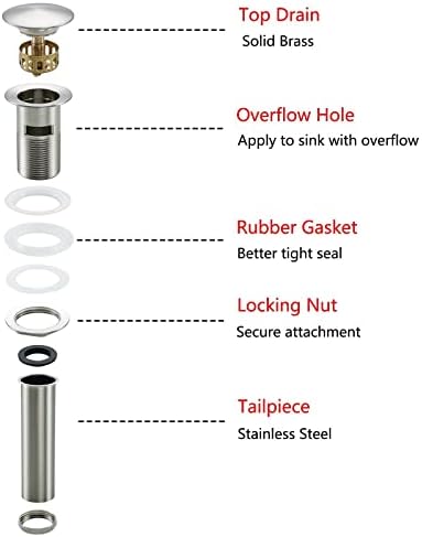1 1/4 Brushed Nickel Sink Drain, Bathroom Pop Up Drain With Removable Brass Strainer Basket,With Overflow Vessel Lavatory Vanity Sink Drain Stopper, 83606-1BN. - Image 3