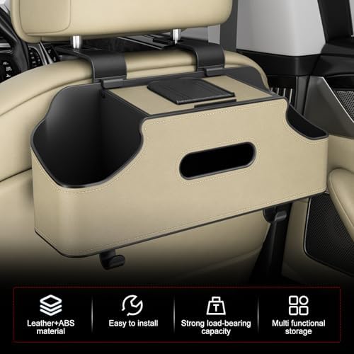 Car Back Seat Storage Box, Leather Car Seat Back Multifunctional Organizer, Detachable Partition Design Backseat Storage Box for Cars, Great Fit for Kids and Travel (Beige) - Image 3