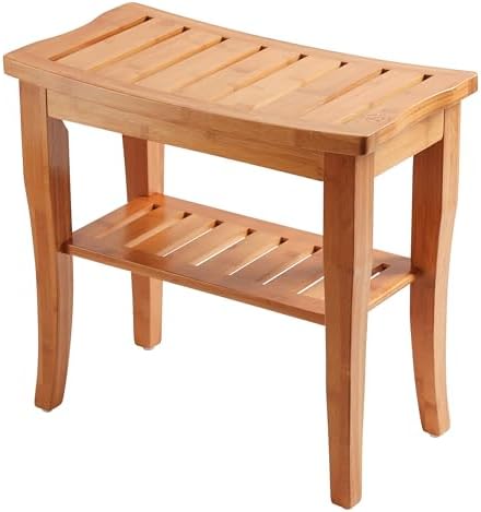 Bamboo Shower Bench, Shower Stool Seat with Storage Shelf, Non Slip Feet - Image 7