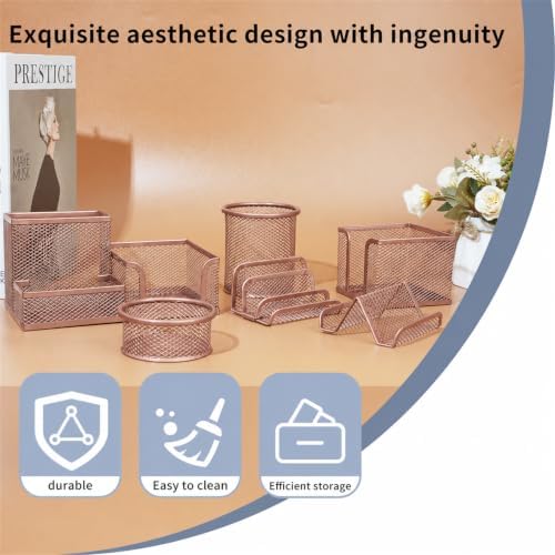 6 Pack Mesh Metal Desk Organizer Stationery Storage Set Rose Gold - Image 4