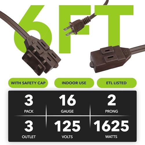 HBN Indoor Extension Cord 6ft 3 Pack Brown, 3 Outlets with Safety Cap Included, 2 Prong Polarized Plug, Perfect for Homes, Offices, and Kitchens - Image 3