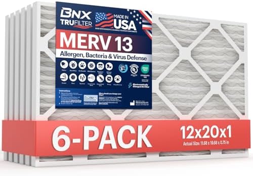 BNX TruFilter 12x20x1 Air Filter MERV 13 (6-Pack) - MADE IN USA - Electrostatic Pleated Air Conditioner HVAC AC Furnace Filters for Allergies, Pollen, Mold, Bacteria, Smoke, Allergen, MPR 1900 FPR 10 by BNX