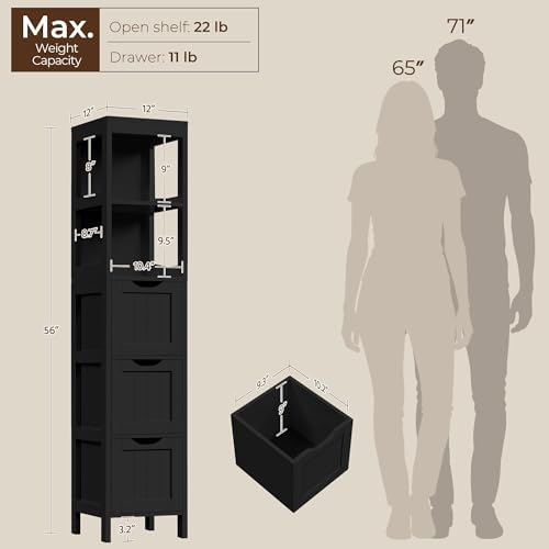 Yaheetech 56" Tall Narrow Bathroom Storage Cabinet with 3 Drawers, Black - Image 3