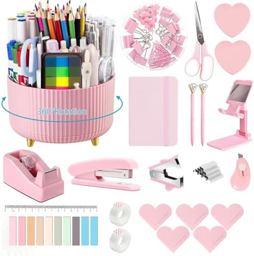 Office Supplies,Pink Desk Accessories,Desk Organizer,Stapler,Tape Dispenser,Folding Phone Stand,Scissors,Notebook,Staple Remover,Staples,Clear Tape,Sticky Notes,Clips,Cool Pen,Bookmark,Ect.22pcs by suniya
