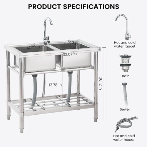 Garvee Stainless Steel Utility Sink with Faucet, Commercial Freestanding Double Bowl Sink with Hot & Cold Water Pipes, Storage Shelf for Restaurant, Kitchen, Garage, Laundry, Outdoor (33in) - Image 2