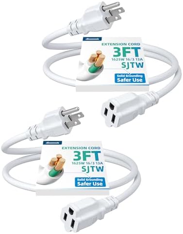 DEWENWILS 3 Foot Extension Cord, SJTW AWG16/3 ETL Listed, White, 2 Pack by DEWENWILS