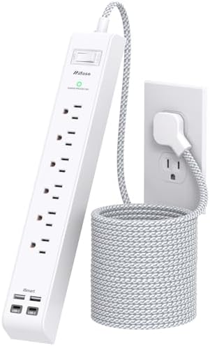 Flat Plug Extension Cord, Surge Protector Power Strip 15FT, 10-in-1 with 6 AC Outlets 4 USB Ports(2 USB-C), Extension Cord with Multiple Outlets, Wall Mountable, 1080J Surge Protection, White by Mifaso