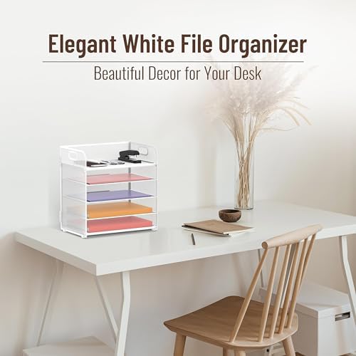 2 Pack 5-Tier White Desk Organizer with Handle Mesh Desk File/Paper Organizer Letter Tray for Office, School and Home Easy Installation - Image 2