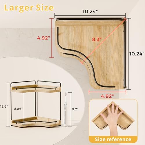 2-Tier Corner Bathroom Counter Organizer, Larger, Light Walnut - Image 3