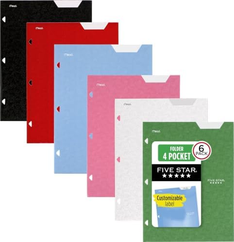 Five Star 4-Pocket Folder, 6 Pack, Paper Folder, Fits 3-Ring Binders, Holds 8-1/2" x 11" Paper, Assorted Colors (38058) by FiveStar