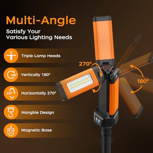Rechargeable LED Work Light with Stand, 67" Tall Portable Cordless Work Light, 8AH Battery, 500/1500/2500 Lumen, 4000/6500K Dimmable Camping Light with Detachable Tripod Orange (Carrying Bag Included) - Image 4