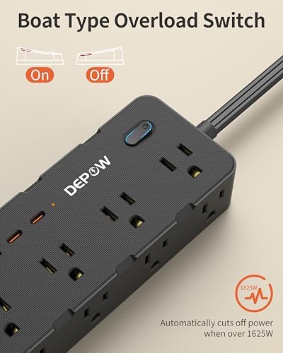 DEPOW Surge Protector Power Strip with 8 Outlets 4 USB Ports (2 USB C),5 FT - Image 4