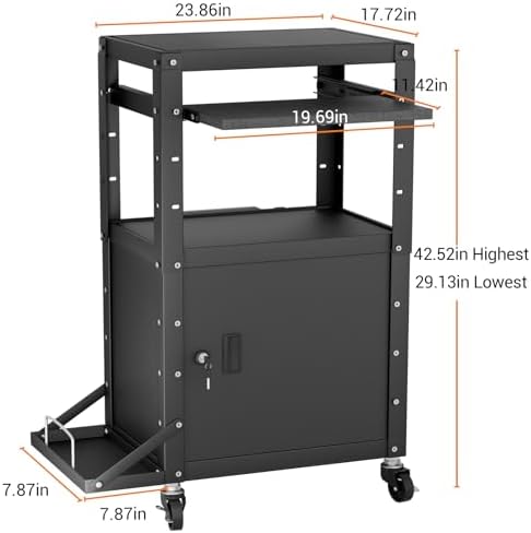 Mobile AV Cart with Side Shelves, Rolling Computer Cart Height Adjustable Rolling Media Utility Cart with Pullout Keyboard Tray Extra Storage Space, 4 Outlets, Perfect for Home or Office Use - Image 2