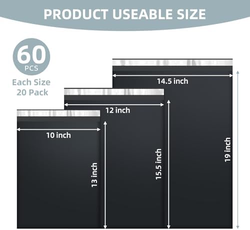 Famagic 60 Pack Black Poly Mailers Variety Pack, 10x13&12x15.5&14.5x19 - Image 2