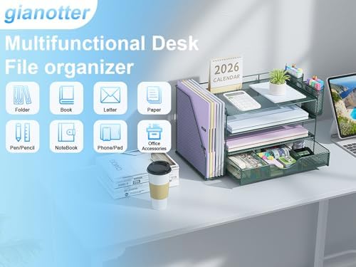 gianotter 4-Tier Desk Organizer with Drawers, File Holders, Letter Trays and Pen Holders - Workspace Accessories for Office Supplies (Green) - Image 4