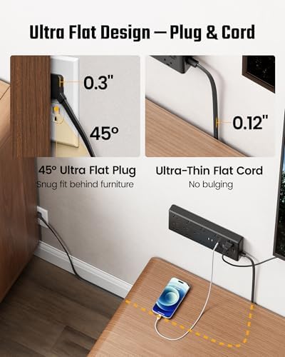 SUPERDANNY 10Ft Extension Cord with Multiple Outlets, Flat Plug Power Strip - Image 5