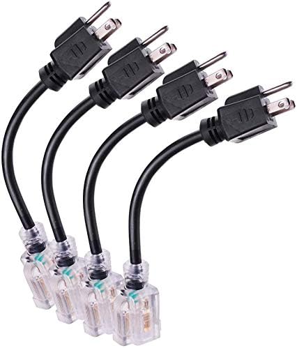 Miady Short Power Extension Cord Outlet Saver, Female Plug with Lighted End 16AWG/13A, 3 Prong (4 Pack, Black, 8 Inch) by Miady