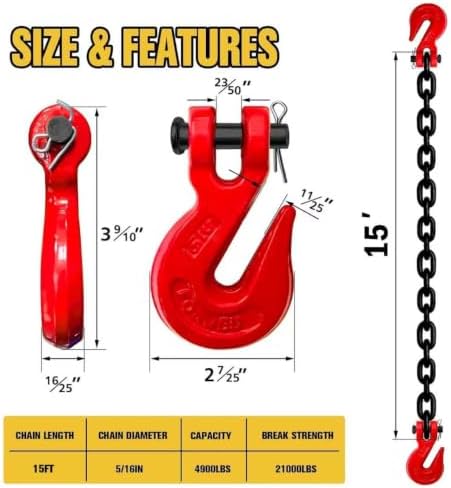 G80 Transport Binder Chain 5/16" x15ft - 4900 lbs WLL Heavy Duty Tow Chain for Trailers & Trucks - G70 Clevis Grab Hooks (Oiled Black) - ASTM A306 Compliant - Image 5