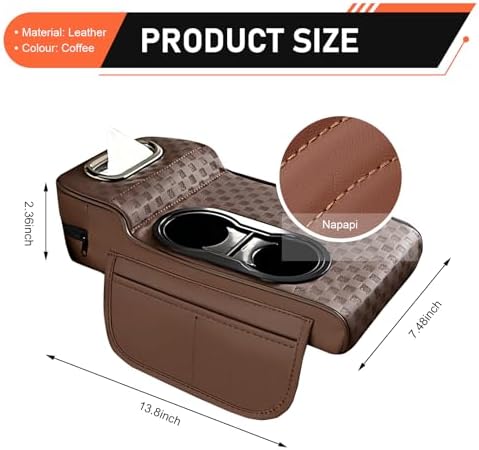 Car Center Console Cover, Microfiber Leather Car Armrest Cover Cushion with 2 Storage Bags, Cup Holders, Tissue Box Slot, Universal Car Armrest Storage Box for Most Vehicles (Coffee) - Image 2