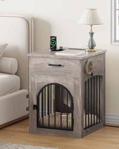 CHOEZON Dog Crate Furniture, Wooden Dog Kennel with Charging Station and Storage Drawer, Indoor Pet Crate End Table for Small Breeds, Dog Cage Furniture for Living Room, Bedroom, Greige MGW01UFH - Image 2