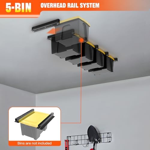 TORACK Garage 16" Studs Ceiling Bin Storage Rack, Overhead Tote Storage Rails Heavy Duty Adjustable Tote Slide Rails for 5 Bins(Bins are not included) - Image 3
