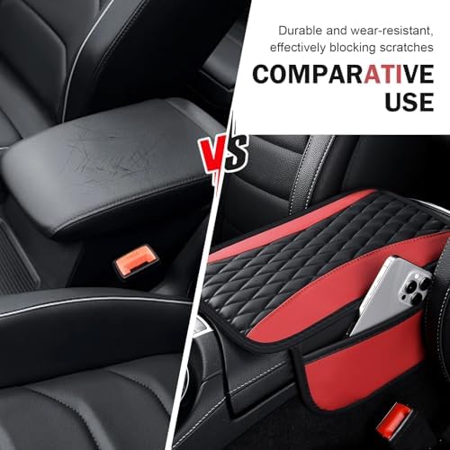 Car Center Console Cover, Upgraded Patchwork Leather Arm Rest Cover with Side Storage Pockets, Comfortable Auto Armrest Protector Cushion, Universal Middle Console Pad for SUV, Sedan (Red) - Image 4