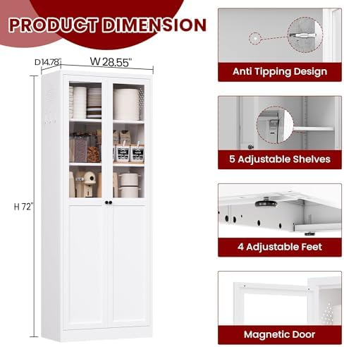 AQY Kitchen Pantry Cabinet,72" White Pantry Storage Cabinet with 5 Tire Adjustable Shelves and Glass Doors,Freestanding Cupboard,Metal Pantry Cabinets with Handle for Living Room,Assembly Required - Image 3