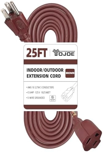 YOJOE Indoor Outdoor Extension Cord, 3 Prong 13A Weatherproof Power Cord, 16 Gauge Heavy Duty 25 ft Brown Extension Cord for Garage, Garden and Home, 16/3 SJTW UL Certified by YOJOE