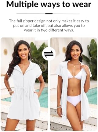 Womens Terry Cloth Cover Up Hooded Swim Cover with Zipper and Pocket - Image 4