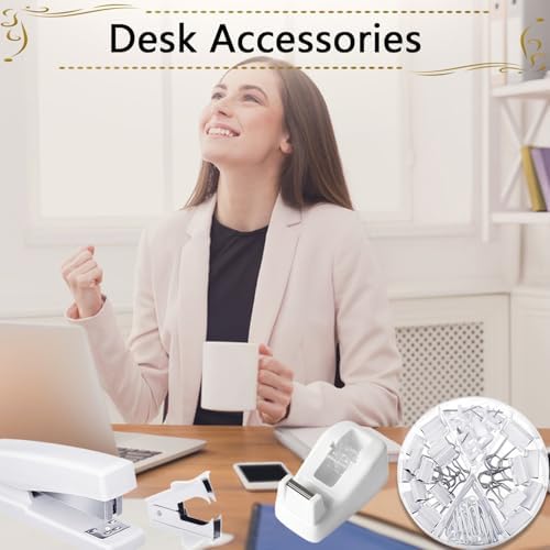 Office Supplies,White Desk Accessories,Stapler and Tape Dispenser Set for Women with Stapler,Tape Dispenser,Staple Remover,Staples,Clips,Scissors and Tabs,Gift for Students,Coworkers,Teacher,Business - Image 7