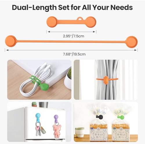 Tounee Reusable Silicone Magnetic Cable Ties - 2 Sizes Combo (4pcs 2.95'' + 4pcs 7.68'') - Multi-Purpose for Cable Bundling, Organizing, Bookmarks & Fridge Magnets - Assorted Colors, 8-Pack - Image 4