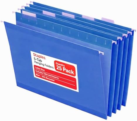 Staples Hanging File Folders, Letter Size, Blue, 5-Tab, 25/Pack by Staples