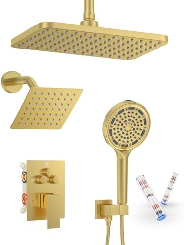 Brushed Gold Dual Shower System 11" Rain+6" Wall Head& 6-Mode Handheld by KOJOXSANITARY