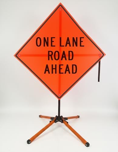 Traffic Roll-Up Sign Kit with Stand – Collapsible Safety Sign & Heavy-Duty Portable Stand, High Visibility, Easy Setup (One Lane Road Ahead, Mesh) by EASTERNMETALSIGNSANDSAFETY