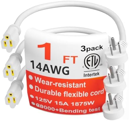 HUANCHAIN 14 Gauge 1 FT 3 Pack White Flat Plug Extension Cord, Indoor by huanchain