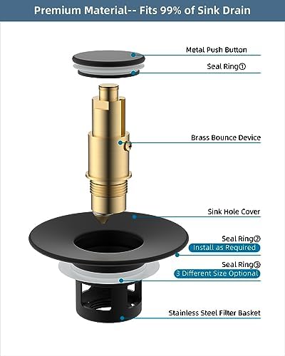 Hibbent 2 Pack All Metal Universal Bathroom Sink Stopper for 1.1''~2.3'' Basin, Pop Up Sink Drain Strainer, Brass Bullet Core Push Type Stopper, Stainless Steel Anti Clogging Drain Filter, Matte Black - Image 5