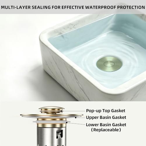 3 in 1 Bathroom Sink Drain Strainer, Universal Pop Up Bathroom Sink Stopper with Removable Hair Catcher Anti-Clog Filter Basket Brass & Stainless Steel Champagne Gold 2 PCS - Image 5
