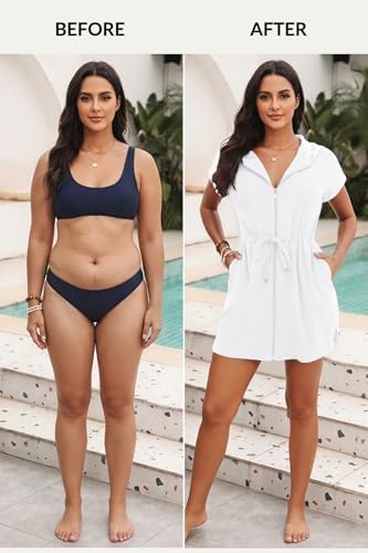 Womens Terry Cloth Cover Up Hooded Swim Cover with Zipper and Pocket - Image 5