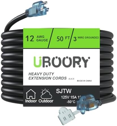 Outdoor Extension Cord Waterproof 50 FT, Black 12/3 SJTW Heavy Duty, Flexible 100% Copper 3 Prong Extension Cord for Lawn, Garage by UBOORY