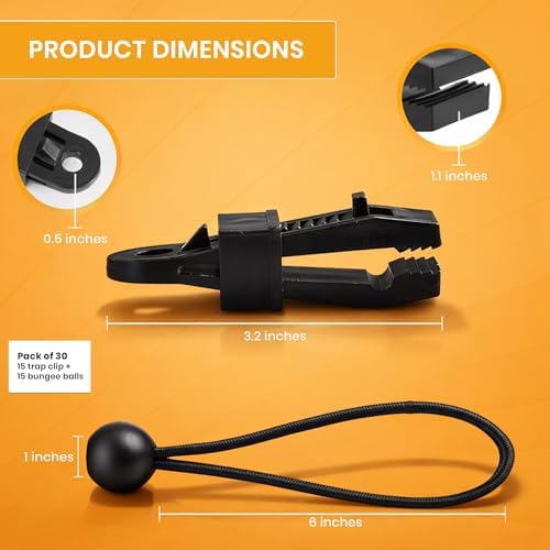 Tarp Clips with Ball Bungees, Heavy Duty Lock Grip Tarp Clamps, Anti-Slip Toothed Jaw, No-Tool Quick Setup, for Tarps, Canopies, Covers, Tents, Pack of 30 - Image 3