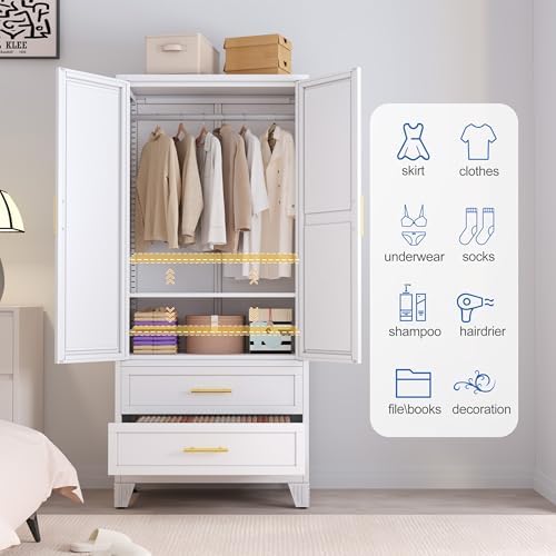 GAIOUS Steel Armoire Wardrobe Closet with Mirror and 2 Drawers 71" White - Image 6