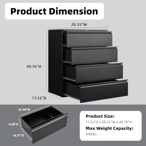 Guizeeopo Metal File Cabinet with Lock, 4 Drawer Lateral File Cabinets for Home Office, Heavy Duty Office Storage Cabinet for A4/Letter/Legal Size, Assembly Required(Black) - Image 2