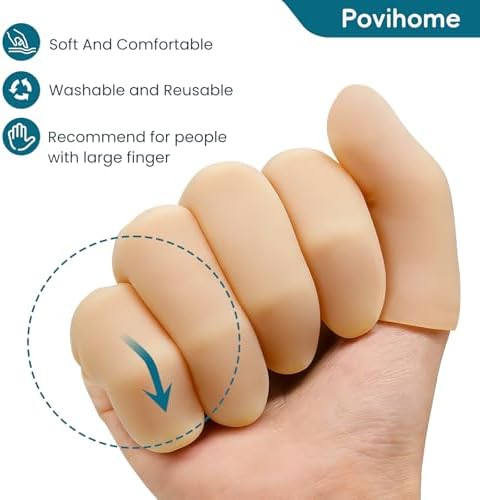 Povihome Finger Cots Protectors - Moisturizing Thumb and Finger Covers - Thickend Version - Elastic Cracked Silicone Finger Sleeves to Protect Cracked, Peel Finger and Other Finger Pain (Beige, 10PCS) - Image 4