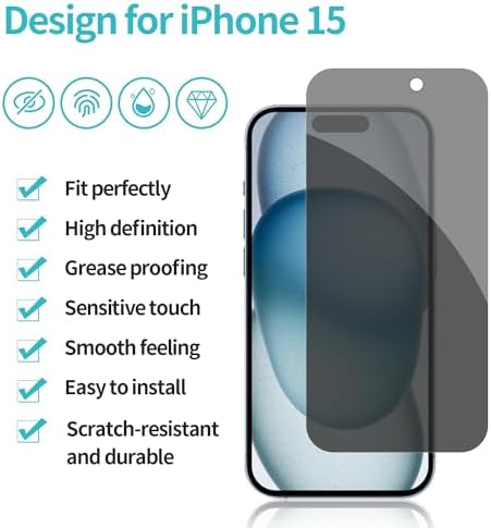 PEHAEL for iPhone 15 Privacy Screen Protector+Camera Lens Protector - Image 2