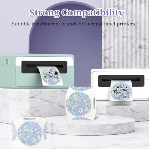 2 Inch Holographic Thermal Labels,Sliver Round Thermal Printer Labels,Printable Round Thermal Printer Labels Self-Adhesive Direct Thermal Label(300 Labels/Roll Glass) - Image 4