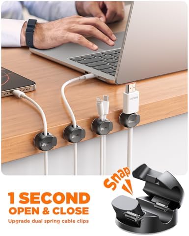 12Pack Cord Organizer [Dual Spring & Clasp, Max Secure] Cable Clips - Chfeila Cord Holder, Desk Cable Management, Adhesive Phone Charging Wire Holder for Nightstand/Car/Wall, Office Accessory - Black - Image 2