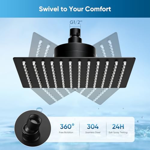 8 Inch Square Rain Shower Head with Filter for Hard Water — 304 Stainless Steel with 15-Stage Purification and High Pressure Spray, Matte Black - Image 6