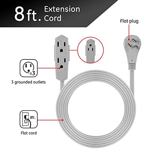 GE 3-Outlet Flat Extension Cord 8 Ft Grounded Extension Cord with Multiple Outlets 3 Prong Outlet Extender Flat Plug Indoor Power Strip 16 Gauge UL Listed Gray 43027 - Image 2