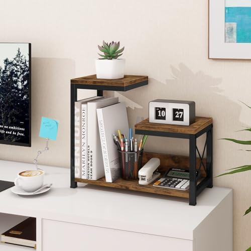 ELITEROO Desktop Shelf Organizer, 3 Tier Office Shelves, Wood Desk Organizers Storage Rack and Freestanding Display Shelf for Office, Dormitory, Home, Rustic Brown - Image 5